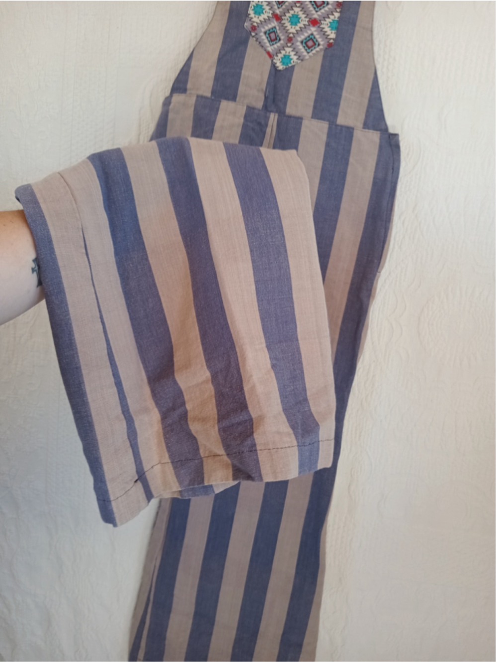 Artsy Western Overalls Slate Blue Beige Stripes Super Wide Leg Boho Trousers MED - Picture 9 of 12